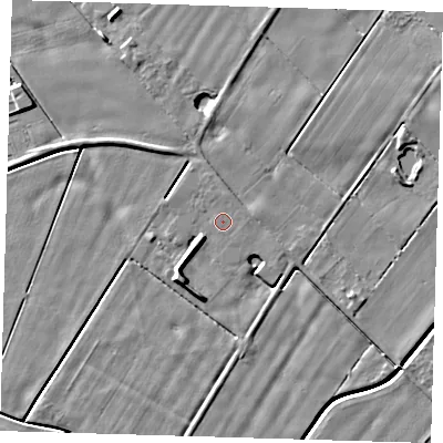 Shaded relief map of the ground around PE128SQ, computed from Environment Agency LiDAR. The ground here sits at about 2 m above sea level and falls 5 m across the surrounding 800 m. The ground contributing surface water to this point lies to the north-north-east.