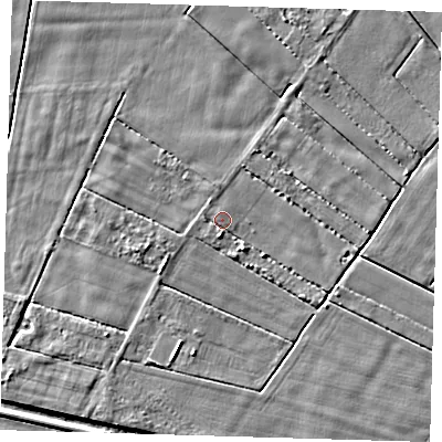 Shaded relief map of the ground around PE128SR, computed from Environment Agency LiDAR. The ground here sits at about 2 m above sea level and falls 4 m across the surrounding 800 m. Surface water reaching this point runs off ground lying to the south, 1.8 m higher.