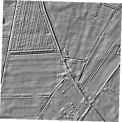Shaded relief map of the ground around PE128ST, computed from Environment Agency LiDAR. The ground here sits at about 2 m above sea level and falls 3 m across the surrounding 800 m. Surface water reaching this point runs off ground lying to the north-north-west, 2.3 m higher.
