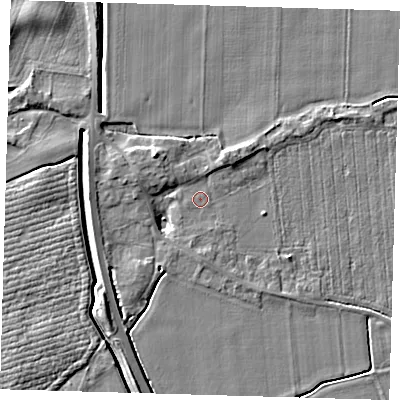 Shaded relief map of the ground around PE128TA, computed from Environment Agency LiDAR. The ground here sits at about 4 m above sea level and falls 6 m across the surrounding 800 m. Surface water reaching this point runs off ground lying to the north-west, 4.0 m higher.
