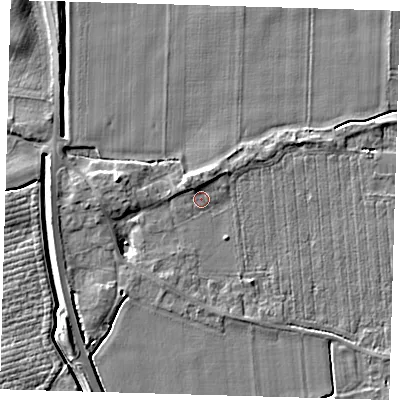 Shaded relief map of the ground around PE128TB, computed from Environment Agency LiDAR. The ground here sits at about 4 m above sea level and falls 6 m across the surrounding 800 m. Surface water reaching this point runs off ground lying to the north, 4.5 m higher.