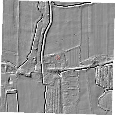 Shaded relief map of the ground around PE128TE, computed from Environment Agency LiDAR. The ground here sits at about 4 m above sea level and falls 5 m across the surrounding 800 m. Surface water reaching this point runs off ground lying to the west-north-west, 1.3 m higher.
