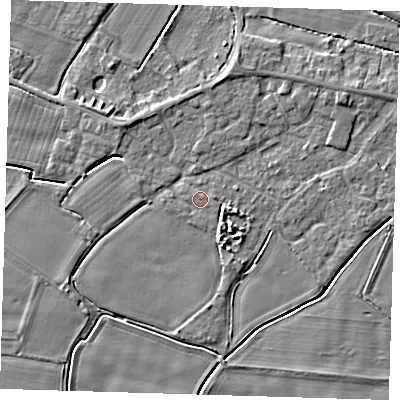 Shaded relief map of the ground around PE128TG, computed from Environment Agency LiDAR. The ground here sits at about 4 m above sea level and falls 4 m across the surrounding 800 m. The ground contributing surface water to this point lies to the south-east.