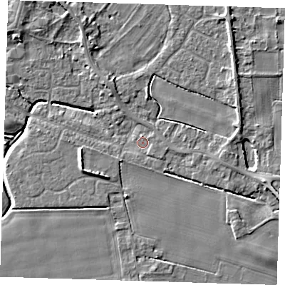 Shaded relief map of the ground around PE129AA, computed from Environment Agency LiDAR. The ground here sits at about 3 m above sea level and falls 6 m across the surrounding 800 m. Surface water reaching this point runs off ground lying to the south-east, 1.1 m higher.