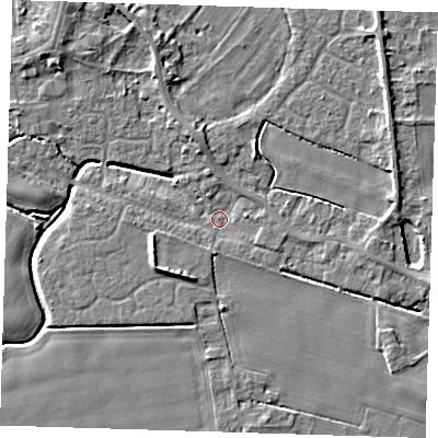 Shaded relief map of the ground around PE129AB, computed from Environment Agency LiDAR. The ground here sits at about 3 m above sea level and falls 5 m across the surrounding 800 m. Surface water reaching this point runs off ground lying to the east-north-east, 3.6 m higher.