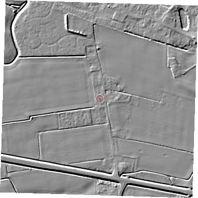 Shaded relief map of the ground around PE129AD, computed from Environment Agency LiDAR. The ground here sits at about 3 m above sea level and falls 5 m across the surrounding 800 m. Surface water reaching this point runs off ground lying to the south, 0.6 m higher.