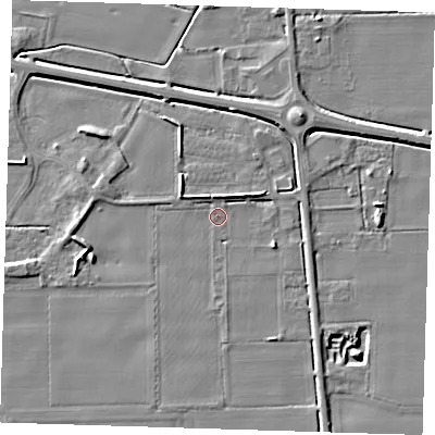 Shaded relief map of the ground around PE129AF, computed from Environment Agency LiDAR. The ground here sits at about 4 m above sea level and falls 6 m across the surrounding 800 m. Surface water reaching this point runs off ground lying to the east-north-east, 2.6 m higher.