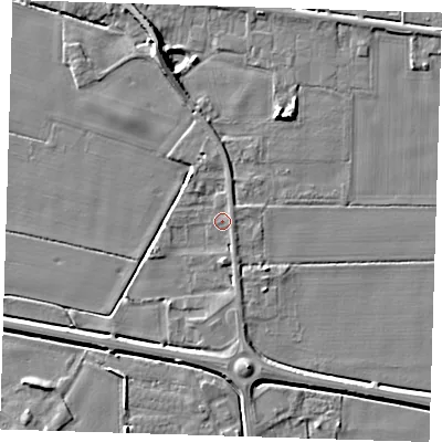Shaded relief map of the ground around PE129AG, computed from Environment Agency LiDAR. The ground here sits at about 4 m above sea level and falls 7 m across the surrounding 800 m. Surface water reaching this point runs off ground lying to the north-north-west, 1.1 m higher.