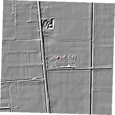 Shaded relief map of the ground around PE129AH, computed from Environment Agency LiDAR. The ground here sits at about 4 m above sea level and falls 5 m across the surrounding 800 m. Surface water reaching this point runs off ground lying to the south-south-east, 2.8 m higher.
