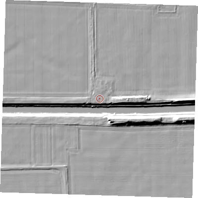 Shaded relief map of the ground around PE129AL, computed from Environment Agency LiDAR. The ground here sits at about 4 m above sea level and falls 8 m across the surrounding 800 m. The ground contributing surface water to this point lies to the south-east.