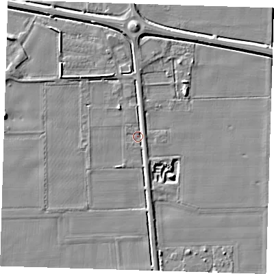 Shaded relief map of the ground around PE129AQ, computed from Environment Agency LiDAR. The ground here sits at about 4 m above sea level and falls 5 m across the surrounding 800 m. Surface water reaching this point runs off ground lying to the north, 1.9 m higher.