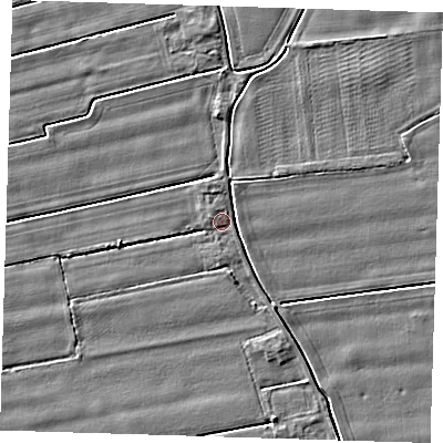 Shaded relief map of the ground around PE129AR, computed from Environment Agency LiDAR. The ground here sits at about 3 m above sea level and falls 3 m across the surrounding 800 m. Surface water reaching this point runs off ground lying to the east-north-east, 1.8 m higher.
