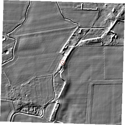 Shaded relief map of the ground around PE129AT, computed from Environment Agency LiDAR. The ground here sits at about 4 m above sea level and falls 5 m across the surrounding 800 m. Surface water reaching this point runs off ground lying to the north-east, 2.8 m higher.
