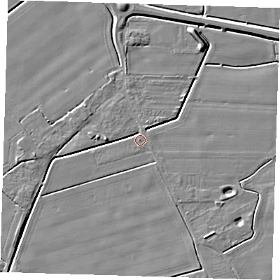 Shaded relief map of the ground around PE129AU, computed from Environment Agency LiDAR. The ground here sits at about 3 m above sea level and falls 6 m across the surrounding 800 m. Surface water reaching this point runs off ground lying to the north-north-east, 2.9 m higher.