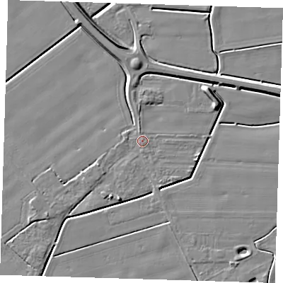 Shaded relief map of the ground around PE129AX, computed from Environment Agency LiDAR. The ground here sits at about 3 m above sea level and falls 7 m across the surrounding 800 m. The ground contributing surface water to this point lies to the south-east.