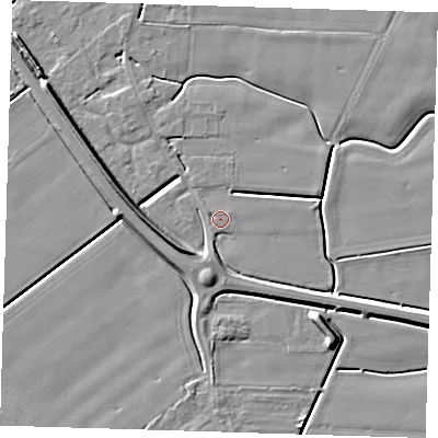 Shaded relief map of the ground around PE129AY, computed from Environment Agency LiDAR. The ground here sits at about 3 m above sea level and falls 7 m across the surrounding 800 m. Surface water reaching this point runs off ground lying to the north-north-west, 1.1 m higher.