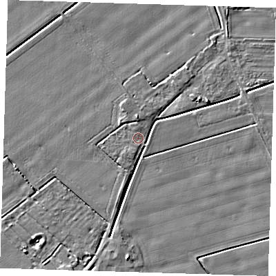 Shaded relief map of the ground around PE129AZ, computed from Environment Agency LiDAR. The ground here sits at about 2 m above sea level and falls 4 m across the surrounding 800 m. Surface water reaching this point runs off ground lying to the south-south-west, 2.8 m higher.