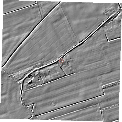 Shaded relief map of the ground around PE129BA, computed from Environment Agency LiDAR. The ground here sits at about 3 m above sea level and falls 4 m across the surrounding 800 m. Surface water reaching this point runs off ground lying to the west-south-west, 1.1 m higher.
