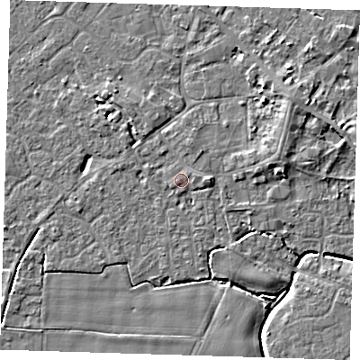 Shaded relief map of the ground around PE129BF, computed from Environment Agency LiDAR. The ground here sits at about 3 m above sea level and falls 6 m across the surrounding 800 m. Surface water reaching this point runs off ground lying to the east-north-east, 0.8 m higher.