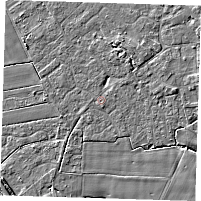 Shaded relief map of the ground around PE129BP, computed from Environment Agency LiDAR. The ground here sits at about 3 m above sea level and falls 6 m across the surrounding 800 m. Surface water reaching this point runs off ground lying to the south-east, 0.6 m higher.