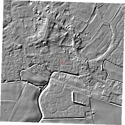 Shaded relief map of the ground around PE129BQ, computed from Environment Agency LiDAR. The ground here sits at about 3 m above sea level and falls 5 m across the surrounding 800 m. Surface water reaching this point runs off ground lying to the north-north-west, 3.0 m higher.