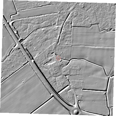 Shaded relief map of the ground around PE129BS, computed from Environment Agency LiDAR. The ground here sits at about 3 m above sea level and falls 7 m across the surrounding 800 m. Surface water reaching this point runs off ground lying to the south, 2.2 m higher.