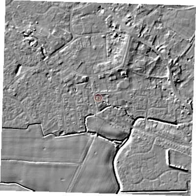 Shaded relief map of the ground around PE129BW, computed from Environment Agency LiDAR. The ground here sits at about 3 m above sea level and falls 6 m across the surrounding 800 m. Surface water reaching this point runs off ground lying to the north-east, 2.0 m higher.