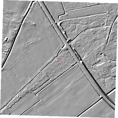 Shaded relief map of the ground around PE129BX, computed from Environment Agency LiDAR. The ground here sits at about 2 m above sea level and falls 7 m across the surrounding 800 m. Surface water reaching this point runs off ground lying to the north, 2.9 m higher.
