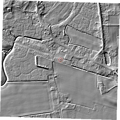 Shaded relief map of the ground around PE129DA, computed from Environment Agency LiDAR. The ground here sits at about 3 m above sea level and falls 6 m across the surrounding 800 m. Surface water reaching this point runs off ground lying to the east, 0.9 m higher.
