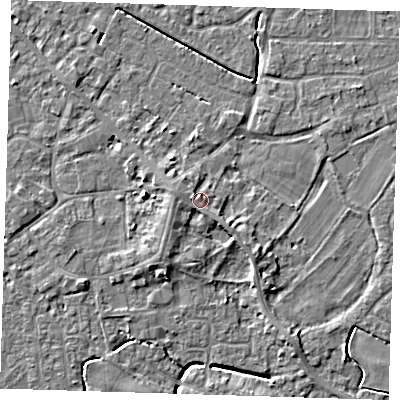 Shaded relief map of the ground around PE129DB, computed from Environment Agency LiDAR. The ground here sits at about 4 m above sea level and falls 5 m across the surrounding 800 m. Surface water reaching this point runs off ground lying to the west, 1.8 m higher.
