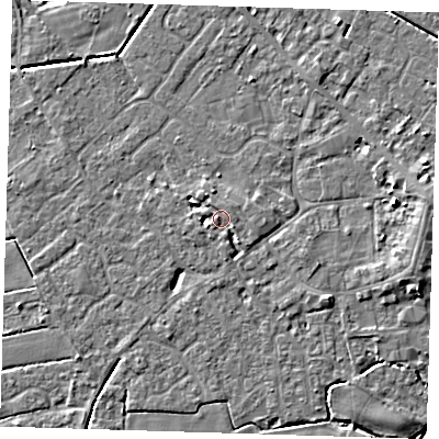 Shaded relief map of the ground around PE129DE, computed from Environment Agency LiDAR. The ground here sits at about 3 m above sea level and falls 6 m across the surrounding 800 m. Surface water reaching this point runs off ground lying to the west-south-west, 4.0 m higher.