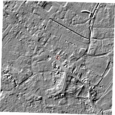 Shaded relief map of the ground around PE129DF, computed from Environment Agency LiDAR. The ground here sits at about 3 m above sea level and falls 6 m across the surrounding 800 m. Surface water reaching this point runs off ground lying to the south, 1.1 m higher.