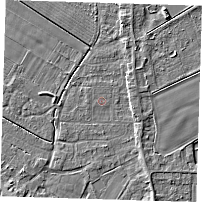 Shaded relief map of the ground around PE129DG, computed from Environment Agency LiDAR. The ground here sits at about 3 m above sea level and falls 6 m across the surrounding 800 m. The ground contributing surface water to this point lies to the north-west.
