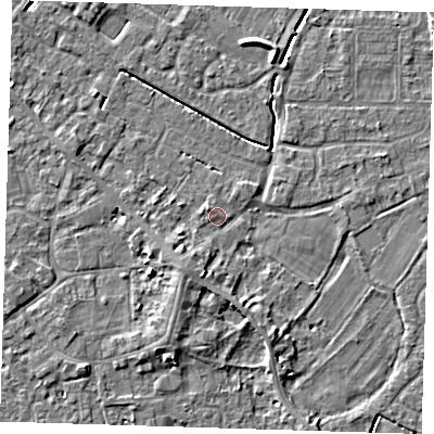 Shaded relief map of the ground around PE129DH, computed from Environment Agency LiDAR. The ground here sits at about 3 m above sea level and falls 5 m across the surrounding 800 m. Surface water reaching this point runs off ground lying to the south-south-west, 3.5 m higher.