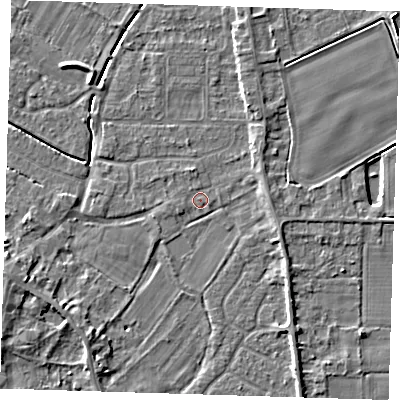 Shaded relief map of the ground around PE129DJ, computed from Environment Agency LiDAR. The ground here sits at about 3 m above sea level and falls 5 m across the surrounding 800 m. Surface water reaching this point runs off ground lying to the north-north-west, 0.9 m higher.