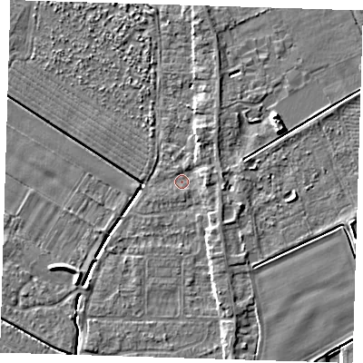 Shaded relief map of the ground around PE129DL, computed from Environment Agency LiDAR. The ground here sits at about 3 m above sea level and falls 6 m across the surrounding 800 m. Surface water reaching this point runs off ground lying to the east, 2.0 m higher.
