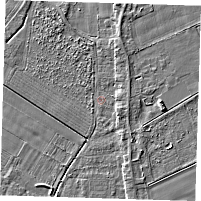 Shaded relief map of the ground around PE129DN, computed from Environment Agency LiDAR. The ground here sits at about 3 m above sea level and falls 6 m across the surrounding 800 m. Surface water reaching this point runs off ground lying to the south-east, 3.1 m higher.