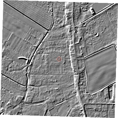 Shaded relief map of the ground around PE129DS, computed from Environment Agency LiDAR. The ground here sits at about 3 m above sea level and falls 6 m across the surrounding 800 m. The ground contributing surface water to this point lies to the west-north-west.