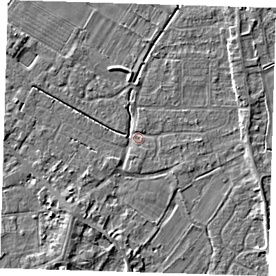 Shaded relief map of the ground around PE129DT, computed from Environment Agency LiDAR. The ground here sits at about 3 m above sea level and falls 5 m across the surrounding 800 m. Surface water reaching this point runs off ground lying to the east-north-east, 4.2 m higher.