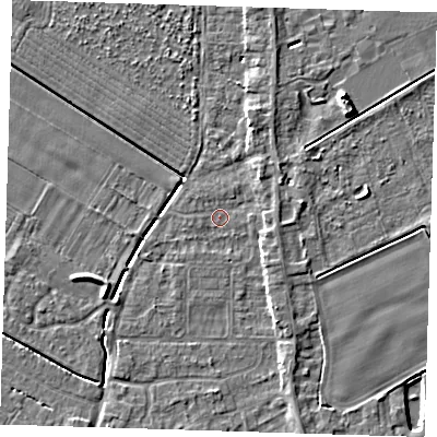 Shaded relief map of the ground around PE129DW, computed from Environment Agency LiDAR. The ground here sits at about 3 m above sea level and falls 6 m across the surrounding 800 m. Surface water reaching this point runs off ground lying to the south-south-east, 2.4 m higher.