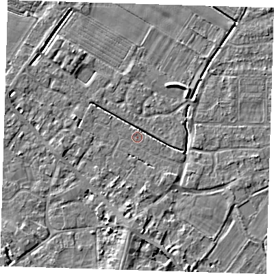 Shaded relief map of the ground around PE129DX, computed from Environment Agency LiDAR. The ground here sits at about 3 m above sea level and falls 5 m across the surrounding 800 m. Surface water reaching this point runs off ground lying to the south, 4.4 m higher.