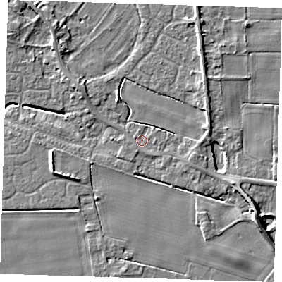 Shaded relief map of the ground around PE129ED, computed from Environment Agency LiDAR. The ground here sits at about 3 m above sea level and falls 8 m across the surrounding 800 m. Surface water reaching this point runs off ground lying to the east-north-east, 3.1 m higher.