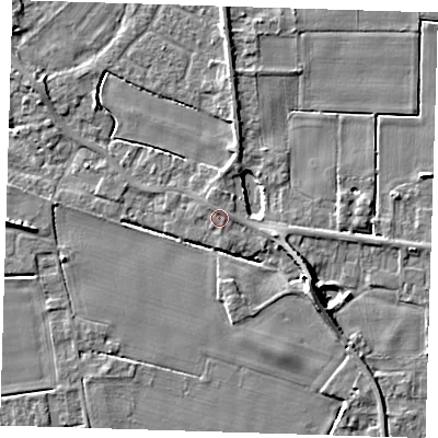 Shaded relief map of the ground around PE129EE, computed from Environment Agency LiDAR. The ground here sits at about 4 m above sea level and falls 8 m across the surrounding 800 m. Surface water reaching this point runs off ground lying to the south-south-east, 0.5 m higher.