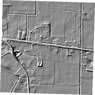 Shaded relief map of the ground around PE129EF, computed from Environment Agency LiDAR. The ground here sits at about 4 m above sea level and falls 7 m across the surrounding 800 m. Surface water reaching this point runs off ground lying to the west-north-west, 1.4 m higher.