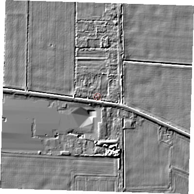 Shaded relief map of the ground around PE129EG, computed from Environment Agency LiDAR. The ground here sits at about 3 m above sea level and falls 10 m across the surrounding 800 m. Surface water reaching this point runs off ground lying to the south-east, 2.0 m higher.