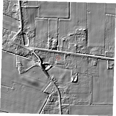 Shaded relief map of the ground around PE129EH, computed from Environment Agency LiDAR. The ground here sits at about 4 m above sea level and falls 7 m across the surrounding 800 m. Surface water reaching this point runs off ground lying to the west-south-west, 6.9 m higher.