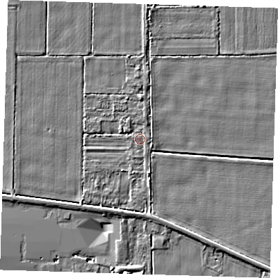 Shaded relief map of the ground around PE129EL, computed from Environment Agency LiDAR. The ground here sits at about 4 m above sea level and falls 9 m across the surrounding 800 m. Surface water reaching this point runs off ground lying to the east, 0.5 m higher.
