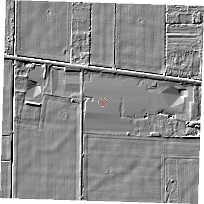 Shaded relief map of the ground around PE129EQ, computed from Environment Agency LiDAR. The ground here sits at about 4 m above sea level and falls 8 m across the surrounding 800 m. The ground contributing surface water to this point lies to the west-south-west.