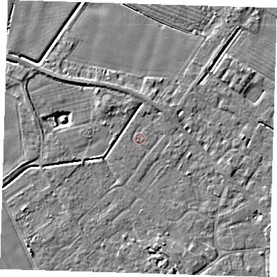 Shaded relief map of the ground around PE129ER, computed from Environment Agency LiDAR. The ground here sits at about 3 m above sea level and falls 4 m across the surrounding 800 m. Surface water reaching this point runs off ground lying to the west-south-west, 3.5 m higher.