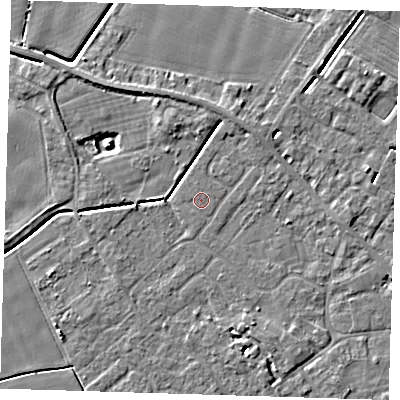 Shaded relief map of the ground around PE129ES, computed from Environment Agency LiDAR. The ground here sits at about 3 m above sea level and falls 4 m across the surrounding 800 m. The ground contributing surface water to this point lies to the north.